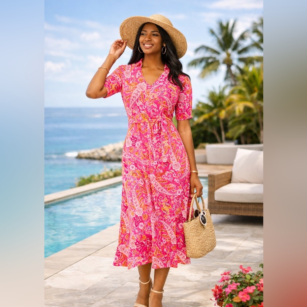 MSK Paisley Midi Dress XL NWT Fuchsia Pink Mango Boho Floral Vacation Casual - Picture 3 of 7